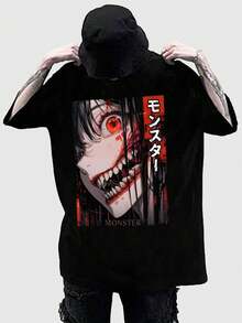 ROMWE MEN Anime Men's Round Neck Short Sleeve Fashionable Printed Loose T-Shirt, Summer - Black - View 1