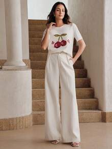 Anewsta Women's New Urban Chic Academic Commuter Versatile Heavy Beaded Cherry Embroidery Round Neck Short Sleeve T-Shirt, Spring/Summer - White - View 6