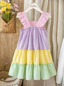 Vintaside Kids Kleine Mädchen Buntes gestreiftes ärmelloses Kleid, gewebter bunter Stoff, Puffärmel, tailliert, Saum mit Einsätzen, weiches & bequemes Material, süß & lässig, geeignet für Schule, Ausflüge, Urlaub, Partys, Frühling & Sommer - Verschiedenfarbig - Übersicht 2