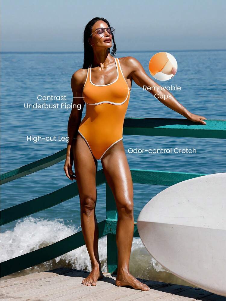 Chlorine-Resistant Sun-Chaser Sun-Protective Removable Cups Keyhole Back Design Contrast Piping High Cut One Piece Swimsuit Swimming Beach Pool Holiday Vacation Summer Wear