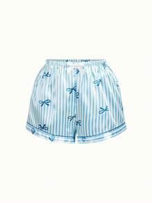 Bonmuse [Elegant Fields]2pcs Satin Striped Bow Print Short Sleeve Collar Top And Bow Shorts Women Pajama Set, Spring/Summerfor Summer - Blue - View 10