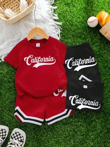 Conjunto de 4 piezas de top de punto de cuello redondo holgado con estampado de letras y pantalones cortos de color contrastante, estilo deportivo casual para bebé niño/niña, adecuado para primavera/verano, interior y exterior, deportes - Multicolor - Ver 4