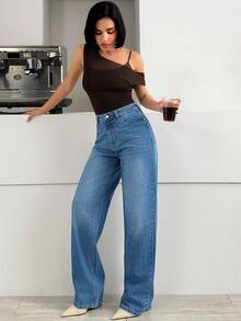 SHEIN 100% Cotton High Waist Tinted Blue Wash Loose Casual Denim Jean Button Front - Medium Wash - View 4