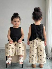 KIDS KIDS Baby Girl Woven Ruffle Back Cross Design Casual Shirt With Woven Sweet Cute Bow Striped Print Loose Long Pants Set Black And White - Black and White - View 1