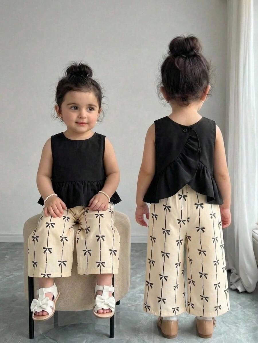 KIDS KIDS Baby Girl Woven Ruffle Back Cross Design Casual Shirt With Woven Sweet Cute Bow Striped Print Loose Long Pants Set Black And White - Black and White - View 1