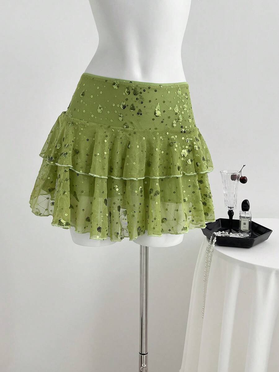 Sweetra Romantic French Style Low Waist Layered Beaded Fabric Fashionable Pants Design Slim Fit Fresh Green Skirt For Women, Summer - Green - View 1