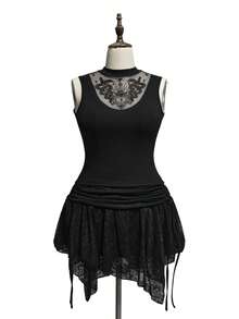 ROMWE Summer Outfits Dark Forbidden Forest Boho Goth Snake Eye Hollow Design Plus Size Tight Fitted Stand Collar Camisole - Black - View 2
