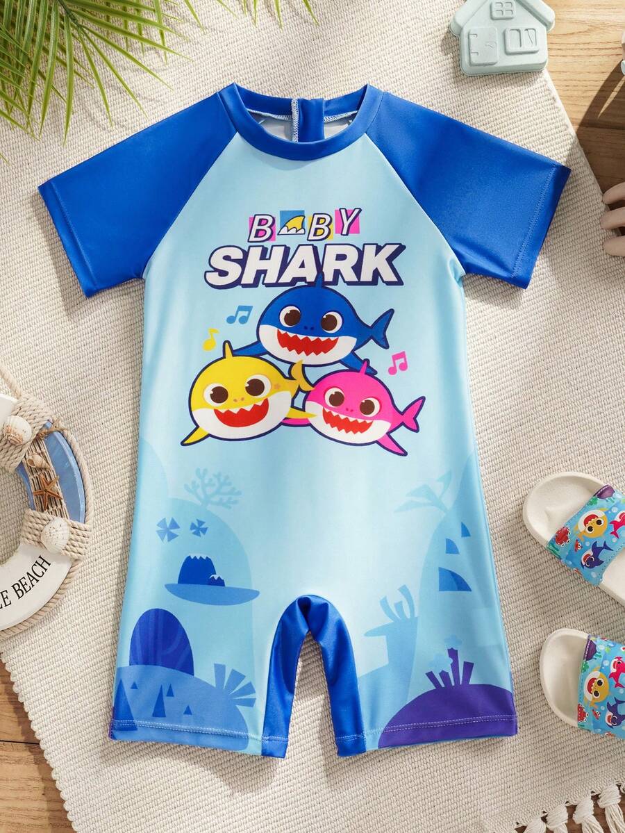 BABY SHARK X SHEIN 男童卡通印花插肩短袖泳衣套装(含短裤) - 藍色 - 查看 1