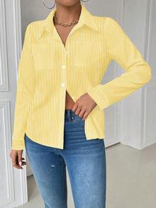 Airaco 休闲领口袋修身白色长袖女式衬衫 - 芥末黃 - 查看 3