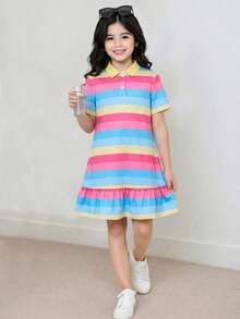 SHEIN Đầm dệt kim cổ polo thường ngày cho bé gái tuổi teen mùa xuân/hè. - Nhiều màu - Xem 1