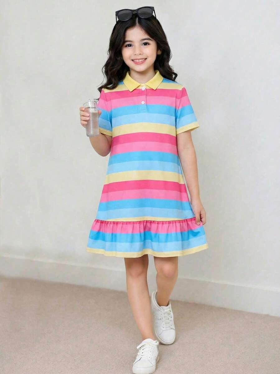 SHEIN Đầm dệt kim cổ polo thường ngày cho bé gái tuổi teen mùa xuân/hè. - Nhiều màu - Xem 1