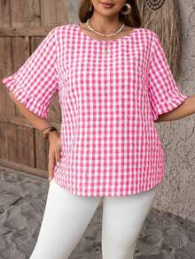 EMERY ROSE 大码格子简约休闲圆领短袖衬衫 - 玫紅色 - 查看 4