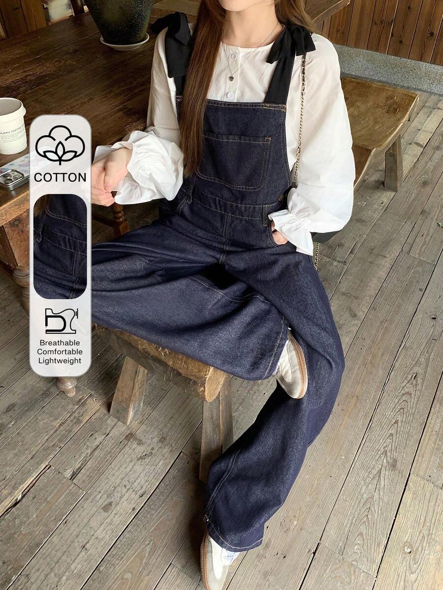 FRIFUL Women's Casual Washed Denim Bib Overalls - Black - View 1