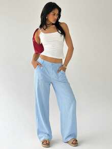 Easelle 2026 Summer Casual Solid Blue Loose Low-Waist Wide-Leg Pants - Blue - View 5