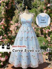 SHEIN CURVE+ 大码女式网纱刺绣吊带连衣裙飘逸连衣裙女工装束束身连衣裙 - 淺藍色 - 查看 9