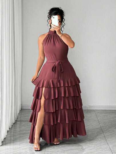 Elenzga Đầm maxi dáng chữ A không tay, cổ yếm, dáng suông, thanh lịch, cỡ lớn, thích hợp cho các buổi tiệc âm nhạc, du lịch.