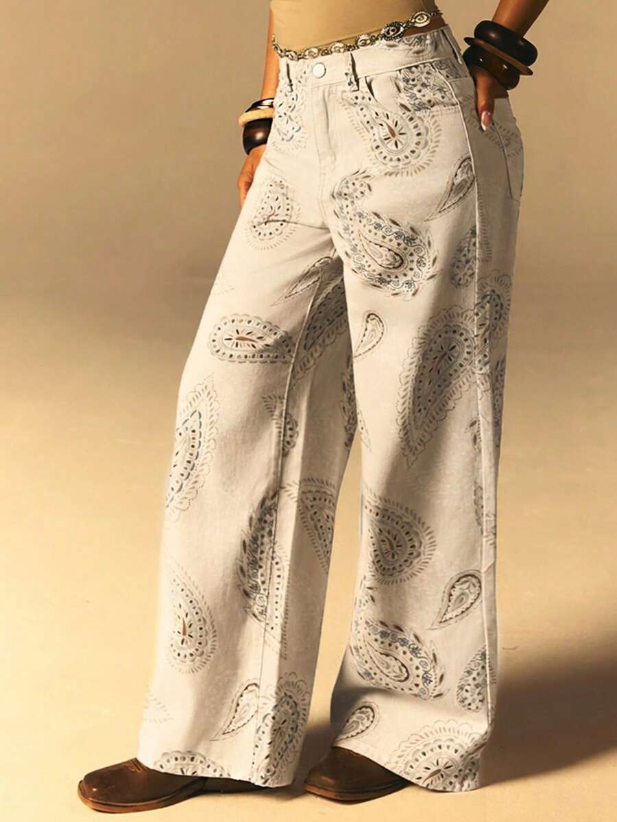 Athîral Denim 女士休闲街头时尚宽松佩斯利印花牛仔裤 - 杏色 - 查看 1