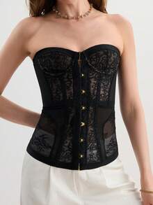 Hourtrue 女士单件束胸露脐上衣，透气过胸系带束腰塑身衣，无肩带时尚派对上衣，紧身束胸无袖胸部上衣 - 黑色 - 查看 7