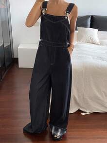Livesso Mono de mezclilla holgado con pernera ancha, estilo patchwork a cuadros, con bolsillos, estilo casual de calle para el verano - Azul - Ver 3