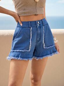 Breezaya Quần short denim dáng rộng cạp cao, viền thô, túi xéo, phong cách thường ngày mùa hè dành cho nữ, kiểu dáng đường phố, thích hợp đi nghỉ mát. - Màu xanh lam - Xem 10