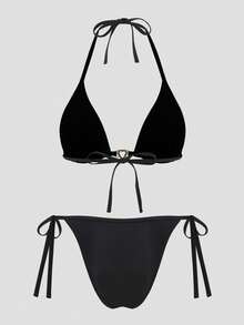 ROMWE Goth Conjunto de bikini de primavera, verano y otoño para vacaciones en la playa, elegante, de estilo costero, con estampado digital alternativo gótico y fresco, con escote halter, espalda descubierta, lazo trasero y decoración de corazón de diamante - Negro - Ver 7