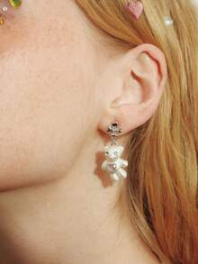 Popjeli Silver Bear Pink Love Gem Cute Earrings Necklace Ring Bracelet,Y2K/Cute/Colorful/Chic,For Mom/Women/Girl/Mother,Summer/Beach/Prom/Part/Vacation/Travel,PINK,Heart - Silver - View 8