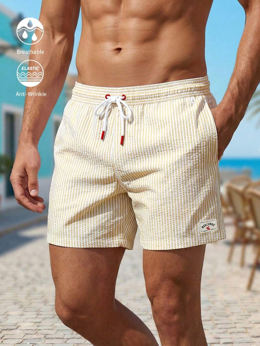 Palasendo Men's Striped Print Casual Beach Shorts - Yellow - View 1