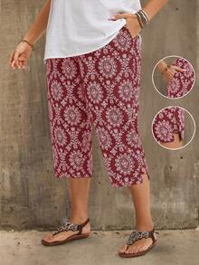 EMERY ROSE Plus Size Casual All-Over Print Conical Pants,Country Vacation Outfits Woman,Simple And Fashionable For Everyday Wear,Summer Tops Women,Summer - Burgundy - View 1
