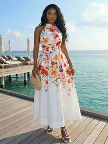 Slaydiva 早春新款、春夏音乐节、情人节、复活节、波西米亚风、游牧风、休闲、简约基础款、邮轮派对、生日派对、日常约会、休闲度假、优雅通勤、小立领、吊带、细肩带、露背A字连衣裙、松紧腰收腰长裙、彩色印花连衣裙、女士长裙 -A - 彩色 - 查看 2