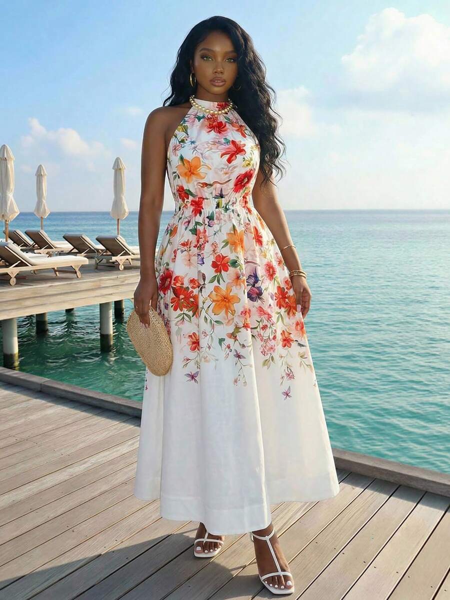 Slaydiva 早春新款、春夏音乐节、情人节、复活节、波西米亚风、游牧风、休闲、简约基础款、邮轮派对、生日派对、日常约会、休闲度假、优雅通勤、小立领、吊带、细肩带、露背A字连衣裙、松紧腰收腰长裙、彩色印花连衣裙、女士长裙 -A