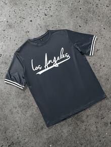 Manfinity Homme Men's Letter & Stripe Print Slim Fit Casual T-Shirt - Grey - View 4