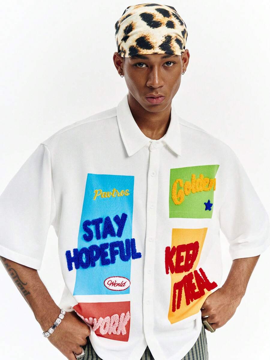 PAVTROS Áo sơ mi nam tay ngắn cài cúc phía trước, kiểu dáng thường ngày, in chữ nổi, thích hợp cho mùa hè. - trắng - Xem 1