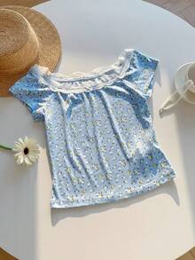 SHEIN EZwear 蓝色碎花蕾丝拼接女士修身短袖T恤 - 淺藍色 - 查看 5