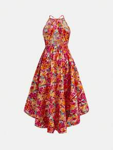 Tween Girls' Casual Vacation Tropical Floral Print Sleeveless Spaghetti Strap Backless Asymmetric Hem Ruched Dress - Orange - View 5