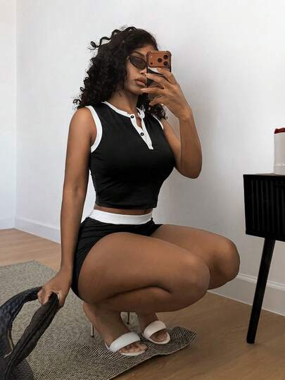 SHEIN BamGlam 2026 New Casual Women's 2-Piece Set, Colorblock Sleeveless Suit, Women's Summer Holiday Outfit, Women's Minimalist Casual Daily Wear Set, Women's Monochrome Minimalist Suit