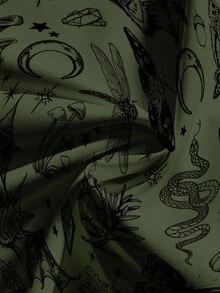 ROMWE Goth Pantalones anchos de pierna ancha con estampado de calavera, murciélago, polilla, verde y negro, serpiente y estrella de estilo gótico, horror y bosque oscuro, de talla grande y estampado total - Verde - Ver 3