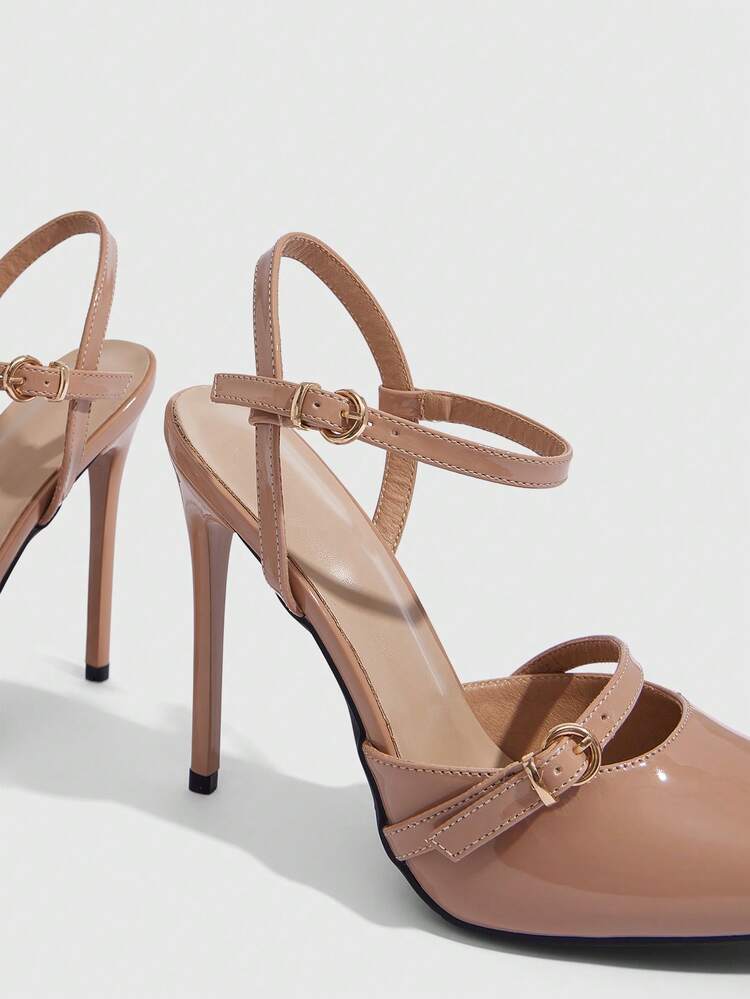 CUCCOO SZL Women Shoes Women's Pointed Stiletto Apricot Glossy Ankle Strap Buckle Temperament Elegant Fashion Sexy Women's High-Heeled Shoes Slingback Shoes Suitable For Parties, Parties, Banquets And Other Occasions Women's Shoes