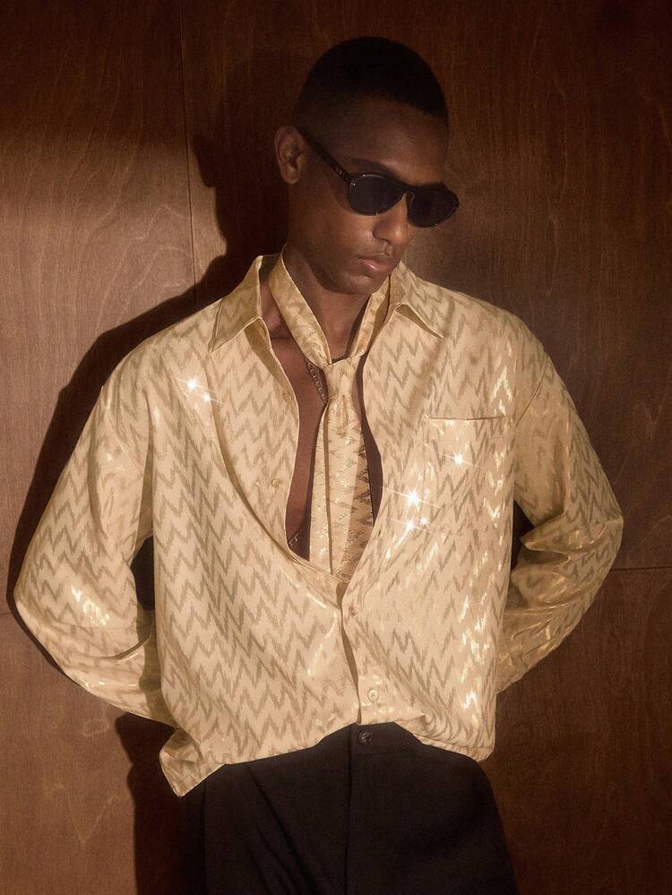 Men's Turn-Down Collar Single-Breasted Wavy Foil Casual/Business Long Sleeve Shirt Men's Champagne Shirt Bruno Mars Jackpot Men's Sparkly Shirt Sumwon Men's Sequin Shirt Men's Gold Shirt Disco Shirt Men