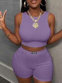 Slaydiva Minimalist Casual Basic Round Neck Sleeveless Cropped Tank Top And High Waist Fitted Shorts 2-Piece Knit Set For Women,Vacation Outfits Women - Mauve Purple - View 7
