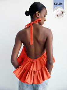Maija Neck Tie Backless Ruffle Hem Loose Blouse, Urban Style For Women In Autumn - Orange - View 8