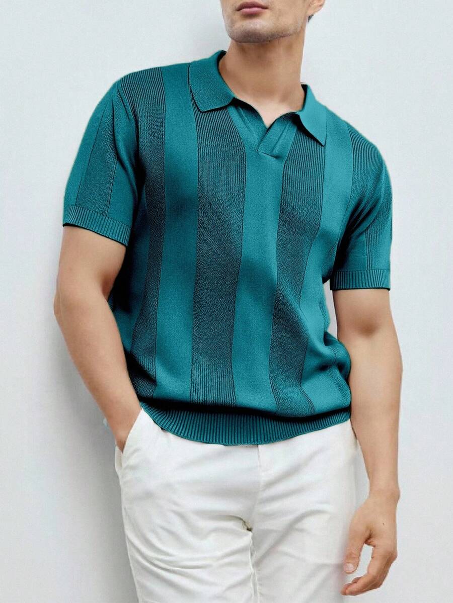 Manfinity Homme 男士条纹短袖半拉链休闲针织上衣 - 水鴨藍 - 查看 1