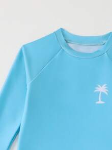 SHEIN 2pcs/Set Young Boys Swimwear,Cute Navy Blue Coconut Tree Print Long Sleeve T-Shirt+Trunks,Rash Guard For Summer Holiday Beach Vacation Surfing Outfit - Royal Blue - View 3