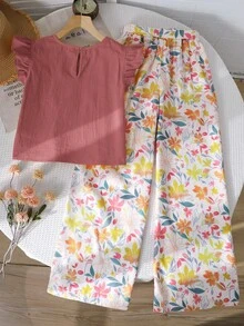 SHEIN 少女碎花吊带背心和裤子套装，休闲夏季度假装 - 粉色 - 查看 2