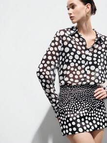 Aveloria Modichic Black & White Polka Dot Print Button-Front Sheer Blouse And Mini Skirt Set, Retro Elegant Chic Blouses For Women Work Business Casual Women Tops Designer Top Business Women Clothes Lightweight Sheer Mesh Fabric, Long-Sleeve With A Collar Design, Black Vintage Polka Dots With A Gradient Of Varying Sizes, Fashionable For Commuting, Coordinated Set Styling, Elegant Temperament, Suitable For Afternoon Tea And Shopping. - Black and White - View 1