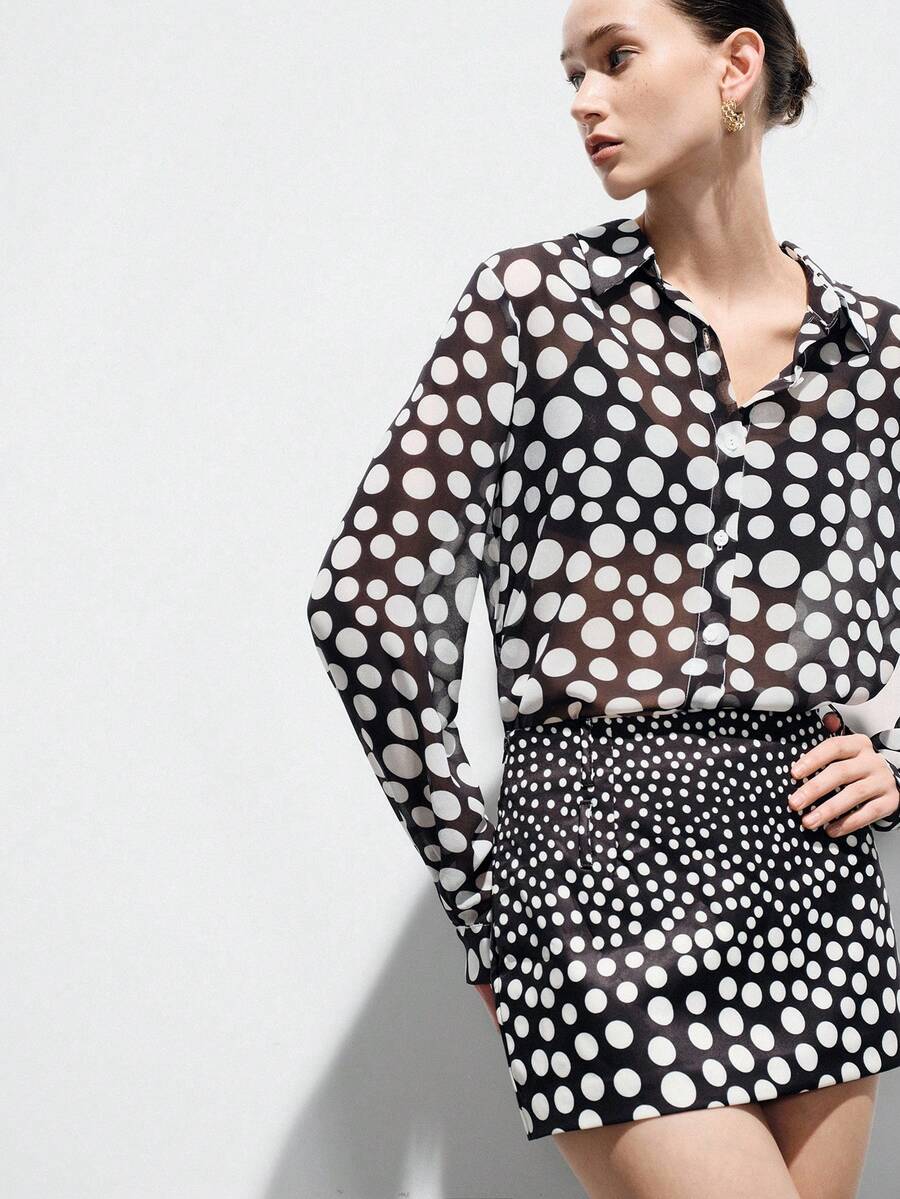 Aveloria Modichic Black & White Polka Dot Print Button-Front Sheer Blouse And Mini Skirt Set, Retro Elegant Chic Blouses For Women Work Business Casual Women Tops Designer Top Business Women Clothes Lightweight Sheer Mesh Fabric, Long-Sleeve With A Collar Design, Black Vintage Polka Dots With A Gradient Of Varying Sizes, Fashionable For Commuting, Coordinated Set Styling, Elegant Temperament, Suitable For Afternoon Tea And Shopping. - Black and White - View 1