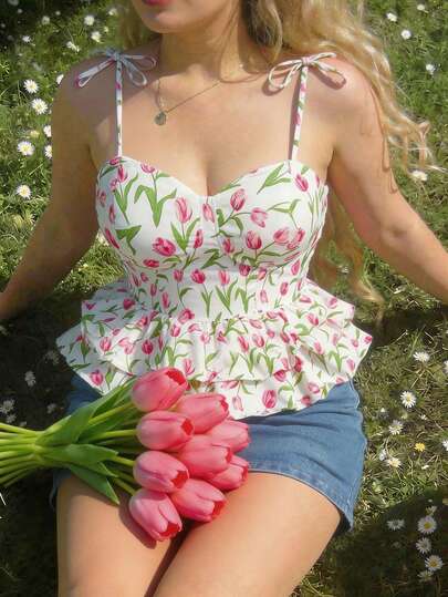 SHEIN MOD Summer Romantic Tulip Floral Tie Strap Camisole, Double Layer Ditsy Floral Camisole