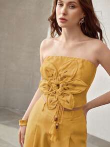 MOTF PREMIUM WOMEN'S FLORAL DECOR ZIPPER BACK TUBE TOP - Yellow - View 3