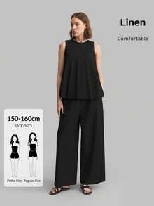 Ontre Petite PETITE 2026SS Linen Blend Women's Wide Leg Pants, Summer Loose Fit Black Casual Trousers, Office Wear, Business Casual, Retro, Urban Minimalist, Woven Fabric, Versatile, Elegant, Suitable For Small Stature, Daily, Beach, Music Festival, Graduation - Black - View 4