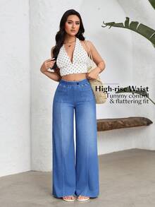 Flexra Women's Elastic Waist Dual Pocket Wide Leg Loose Casual Jeans - Blue - View 7