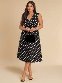 Gossip Girl X SHEIN SHEIN BAE Plus Size Women Black And White Polka Dot Sleeveless Midi Dress,Elegant Summer Tea Party Outfit,Wedding Guest,Bridesmaid,Graduation,Vacation,Y2k,Curve - Black - View 3
